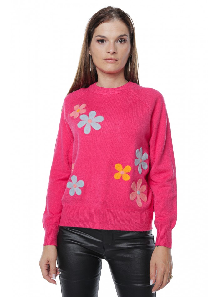 Pulover cu flori, din amestec de casmir si lana, ciclam